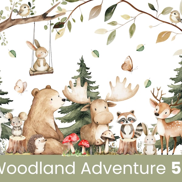 50 Boho Woodland Illustration,Watercolor Woodland Clipart Bundle,Forest Adventure PNG