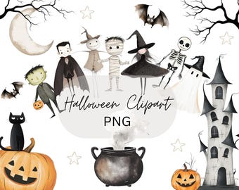 Söt Halloween Clipart, Pumpa Clipart, Halloween Gotisk Clipart, Akvarell PNG Clipart, Omedelbar nedladdning, Akvarell Clipart, Barnkammare PNG,