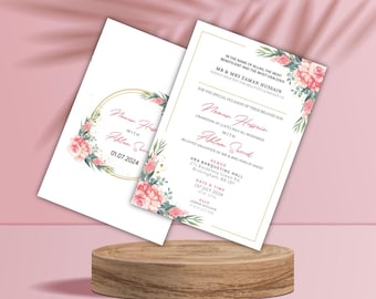 May include: A pink and green floral wedding invitation with gold accents. The invitation reads "Nomar Hussain with Ahlam Saeed" and includes the date "01.07.2024".