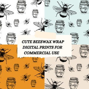 Peut inclure: Quatre impressions numériques avec un motif répétitif de pots de miel et d'abeilles. Le texte "CUTE BEESWAX WRAP DIGITAL PRINTS FOR COMMERCIAL USE" est au centre de l'image.