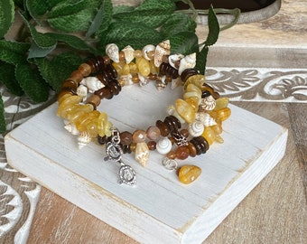 Shell and Yellow Agate Beaded Wire Wrap Bracelet, Memory Wire Bracelet, Multi Strand Coil, Boho Bracelet, Summer Bracelet, Shell Bracelet