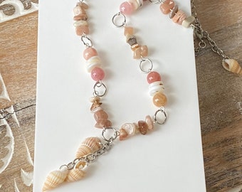 Pink Sunstone Shell Necklace with Three Shell Drop Pendant, Adjustable Necklace, Seashell Summer Necklace, Beach Necklace, Natural Necklace