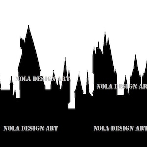 May include: Black silhouette of Hogwarts castle, a fictional school of witchcraft and wizardry, from the Harry Potter series. The castle has many towers and spires.