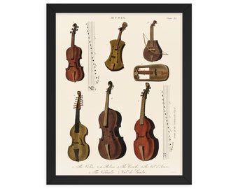 Vintage String Instrument Drawing Framed Print - Violino, Viola, Violoncello, Basso Disegni Vintage - Regalo Musicale, Regalo di inaugurazione della casa