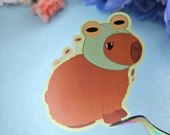 Frog Hat Barry Vinyl Sticker | capybara sticker, vinyl sticker, cottagecore, cute capybara, capybara stationery, silly capybara, frog hat