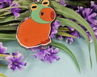 Frog Hat Barry Acrylic Keychain | capybara keychain, cottagecore, cute capybara, capybara stationery, silly capybara, frog hat,