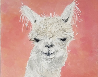 Digitales Lama-Gemälde zum Download, Rosa Lama-Wandbild zum Ausdrucken, Niedliches Alpaka-Kinderzimmerbild, Handgemalter Tierdruck, Boho-Kinderzimmerdeko