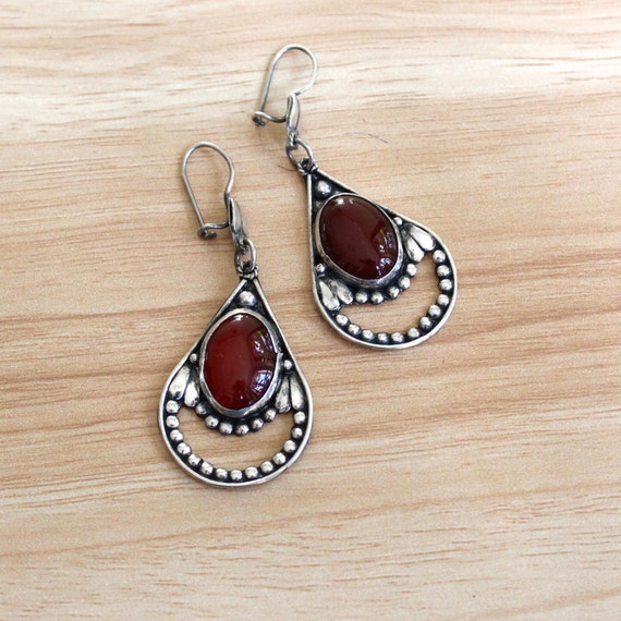 Red Glass Teardrop Dangle Earrings Vintage 925 St… - image 1