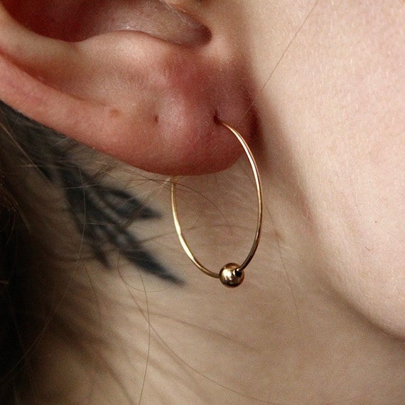 Gold-tinted Hoop Earrings With Ball Vintage 925 Sterling