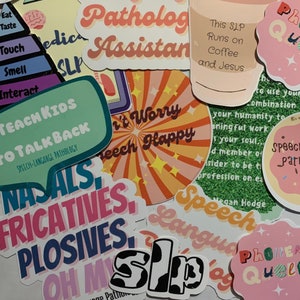 Pakket met 5 stickers *mysterie* | SLP-bundeldeal | Logopediestickers voor laptop, map, koffiemok, notebook, telefoon, dagboek, klembord
