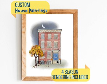 Custom Watercolor House w/ Interchangeable Seasons, Wall Art