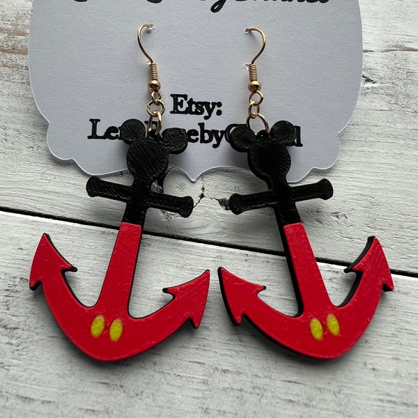 Boucles d'oreilles inspirées d'une ancre de bateau de croisière Disney | Thème nautique Mickey | Oreilles de Mickey | Clé naufragée | Boucles d'oreilles ancre imprimées en 3D