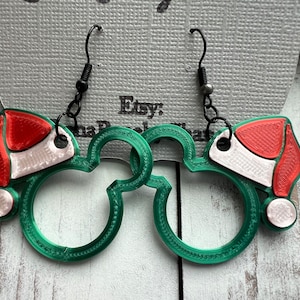 Mickey mouse 3D printed earrings wearing Santa hat on one ear, Mickey outline, Disney Christmas earrings, holiday theme earrings, 3D printed