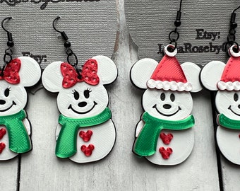 Mickey and Minnie Frozen Snowman earrings, Lightweight Disney accessories, Winter Christmas Statement earrings, Disney inspired 3D Printed