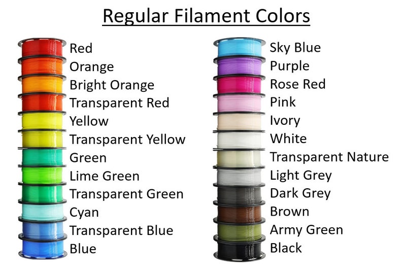 Available filament colors in regular finish.