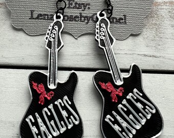 Tiny guitar dangle 3d printed earrings with vintage rock band Eagles and devil printed on the front, concert earrings, music lover earrings