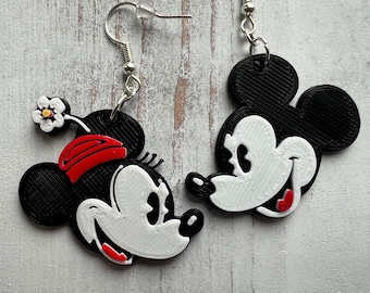 Brincos pendurados clássicos do Mickey e da Minnie | Mickey Mouse | Minnie Mouse | Brincos Disney Vintage | Barco a vapor Willie | Joias impressas em 3D