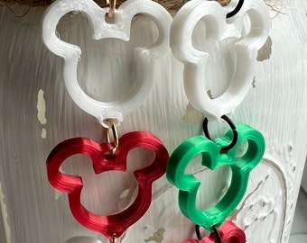 Mickey dangle chain earrings in Christmas Holiday colors red, green and white 3D printed beads, Open Mickey silhouette, Disney earrings