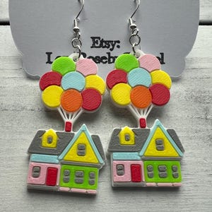 UP balloon floating house earrings, Disney Pixar inspired, 3D Printed PLA, Dug the talking dog, Carl Fredricksen, Kevin the flightless bird