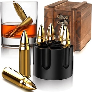 Bullet Whiskey Stones Gift Set, 6 Reusable Chilling Stones, Revolver Base, Wooden Box, Dad Husband Men's Gift Idea