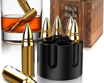 Set de regalo de piedras para whisky con forma de bala, 6 piedras reutilizables para enfriar whisky, base en forma de revólver, caja de madera, ideal como regalo para papá, esposo o hombre.
