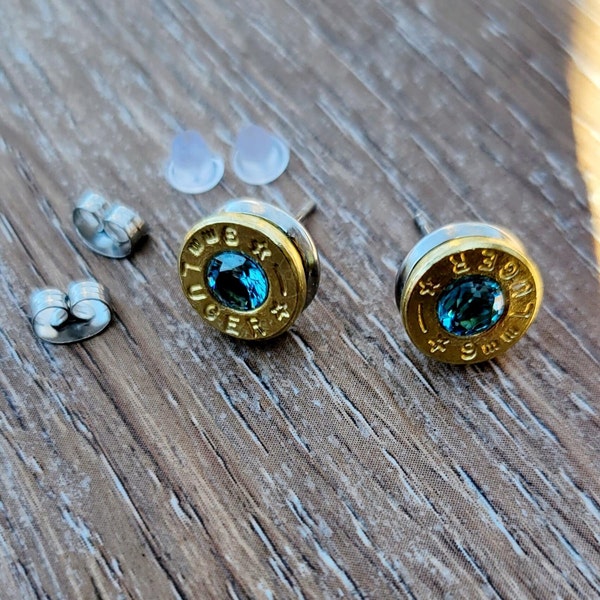 9mm Bullet Casing Stud Earrings, Choose Your Birthstone Gemstone Earrings, Birthstone Jewelry Gift, Fashion Accessories for Gun Lovers