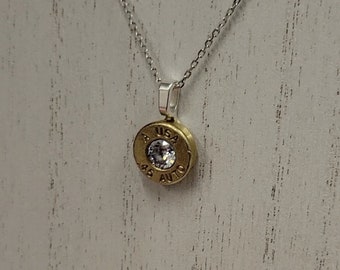 Bullet Pendant Necklace with Birthstone Crystal, Once Fired 45 Caliber Gemstone Pendant, 925 Sterling Chain Birthstone Necklace Gift for Her