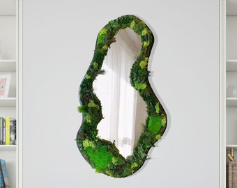 Preserved Moss Asymetrical Mirror, Real Moss Wavy Mirror, Reindeer Moss İrregular Mirror, Aesthetic Moss Wall Art Cloud Mirror