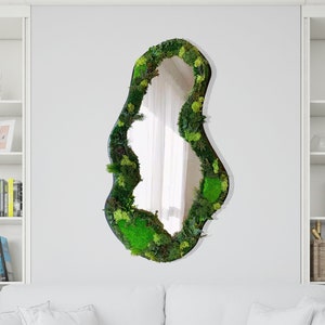 Preserved Moss Asymetrical Mirror, Real Moss Wavy Mirror, Reindeer Moss İrregular Mirror, Aesthetic Moss Wall Art Cloud Mirror image 1