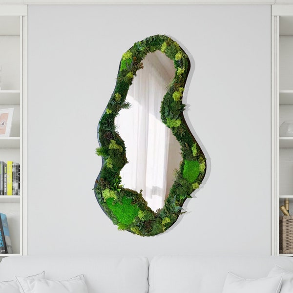 Preserved Moss Asymetrical Mirror, Real Moss Wavy Mirror, Reindeer Moss İrregular Mirror, Aesthetic Moss Wall Art Cloud Mirror