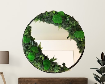 Miroir en mousse stabilisée, miroir rond en mousse véritable, oeuvre d'art en mousse vivante, miroir vert respectueux de l'environnement, grand miroir 61 cm avec cadre en mousse, cadeau de Noël unique