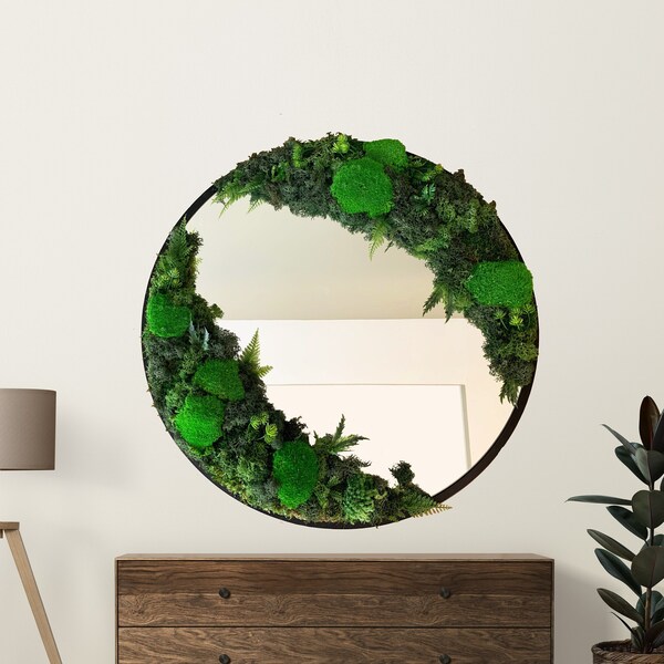 Bewaarde mosspiegel, echte mos ronde spiegel, levende moskunst, milieuvriendelijke groene spiegel, 24'' mos ingelijste grote spiegel, uniek kerstcadeau