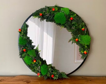 Preserved Moss Mirror, Real Moss Round Mirror Pomegranate, Living Moss Art, Green Mirror, 24'' Moss Framed  Large Mirror, Unique Xmas Gift