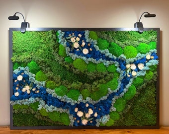 Preserved Moss Wall Art, LED Lighted Flowered Moss Wall Hanging, Led Lights 100% Real Framed Blue Moss Art, Eco Friendly Christmas Gifts