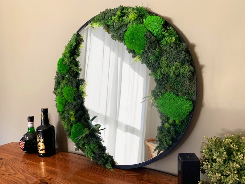 Preserved Moss Mirror, Real Moss Round Mirror, Living Moss Art, Eco Friendly Green Mirror, 24'' Moss Framed Large Mirror, Unique Xmas Gift image 2