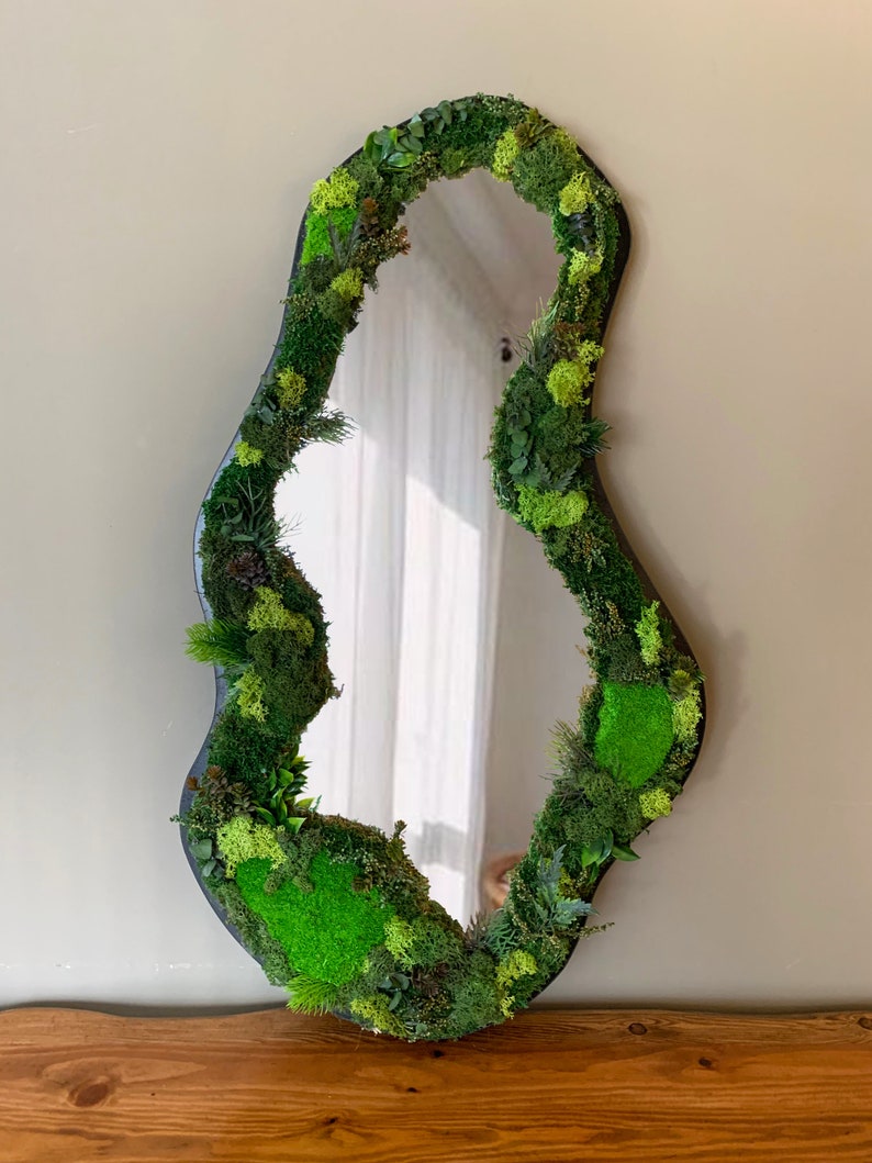 Preserved Moss Asymetrical Mirror, Real Moss Wavy Mirror, Reindeer Moss İrregular Mirror, Aesthetic Moss Wall Art Cloud Mirror image 3