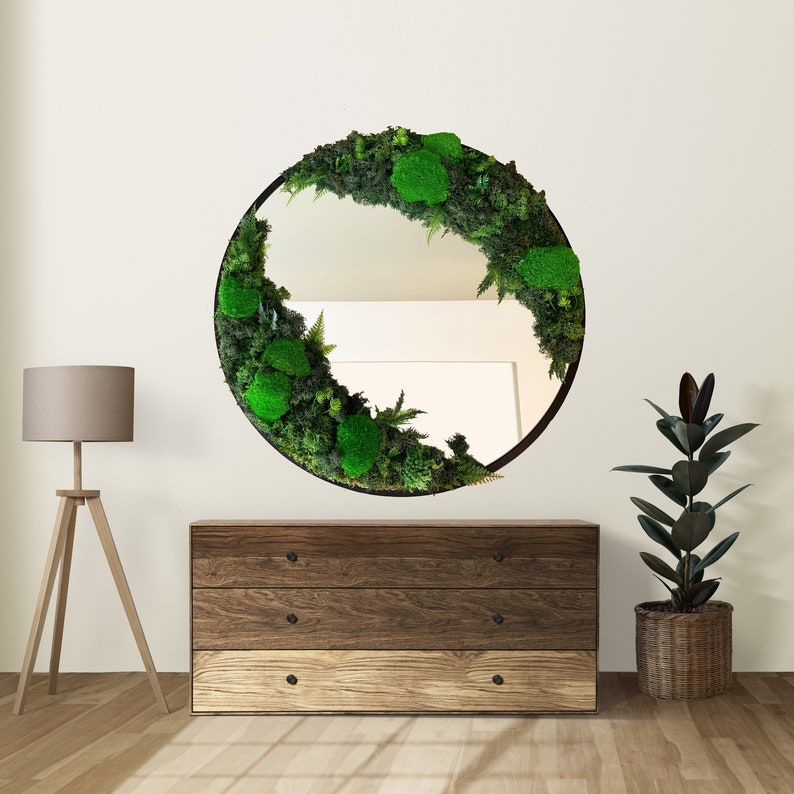 Preserved Moss Mirror, Real Moss Round Mirror, Living Moss Art, Eco Friendly Green Mirror, 24'' Moss Framed Large Mirror, Unique Xmas Gift image 1