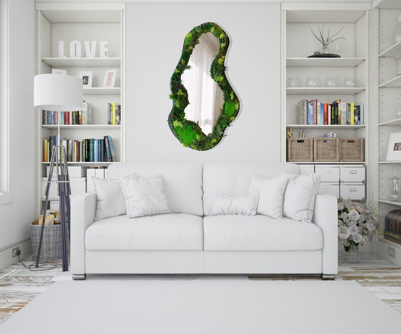 Preserved Moss Asymetrical Mirror, Real Moss Wavy Mirror, Reindeer Moss İrregular Mirror, Aesthetic Moss Wall Art Cloud Mirror image 6