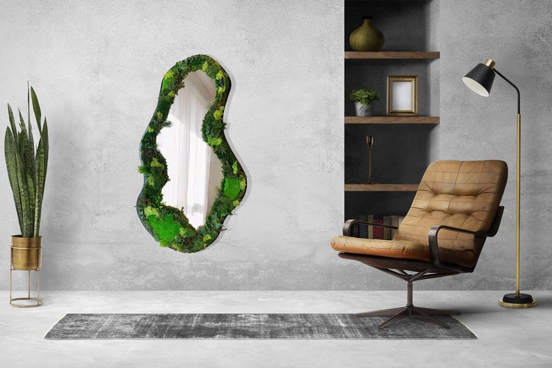 Preserved Moss Asymetrical Mirror, Real Moss Wavy Mirror, Reindeer Moss İrregular Mirror, Aesthetic Moss Wall Art Cloud Mirror image 2