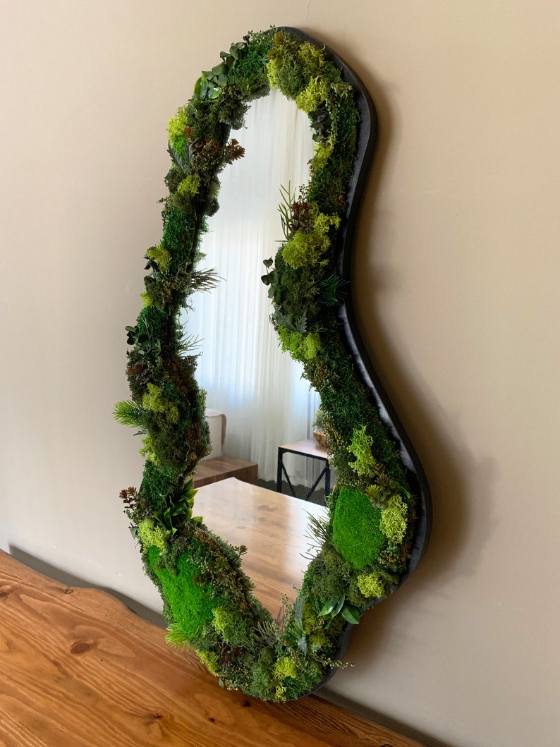 Preserved Moss Asymetrical Mirror, Real Moss Wavy Mirror, Reindeer Moss İrregular Mirror, Aesthetic Moss Wall Art Cloud Mirror image 5