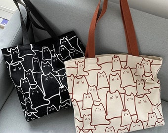 Canvas Bags Handbag for Women Shopper Tote Bag Fashion Designer Bag Japanese Style Cartoon Cute Cats Small Eco Shoulder Bag