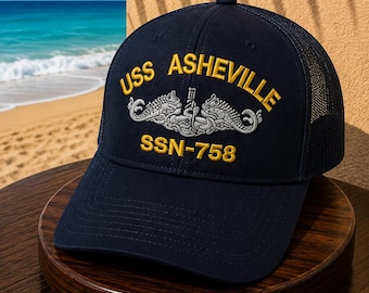 USS Asheville SSN‑758 Trucker Hat Navy Veteran Mesh Snapback Military Submarine Embroidered Cap