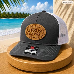 May include: A charcoal gray trucker hat with a white mesh back and a tan oval leather patch on the front. The patch features a decorative border, a cross, a heart, and the text "JESUS SAVES". A black sticker on the brim reads "RICHARDSON 112".