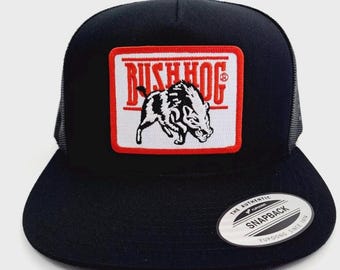 Flat Bill Hat Bush Hog Embroidered Patch Trucker Cap Mesh Snapback Black
