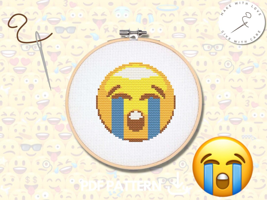 Loudly Crying Face Emoji Mini Cross Stitch Pattern. Simple Embroidery ...