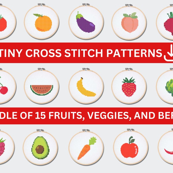 Bundle of 15 Mini Cross Stitch Patterns. Fruits, berries, veggies. Simple embroidery pattern file for beginners.