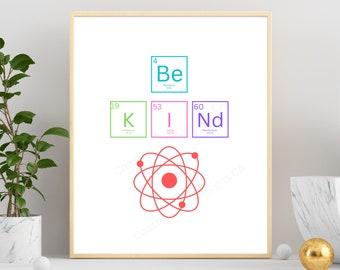 Chemistry Be Kind Digital Poster, Periodic Table Elements and Atom, Colorful Science Poster for Instant Download