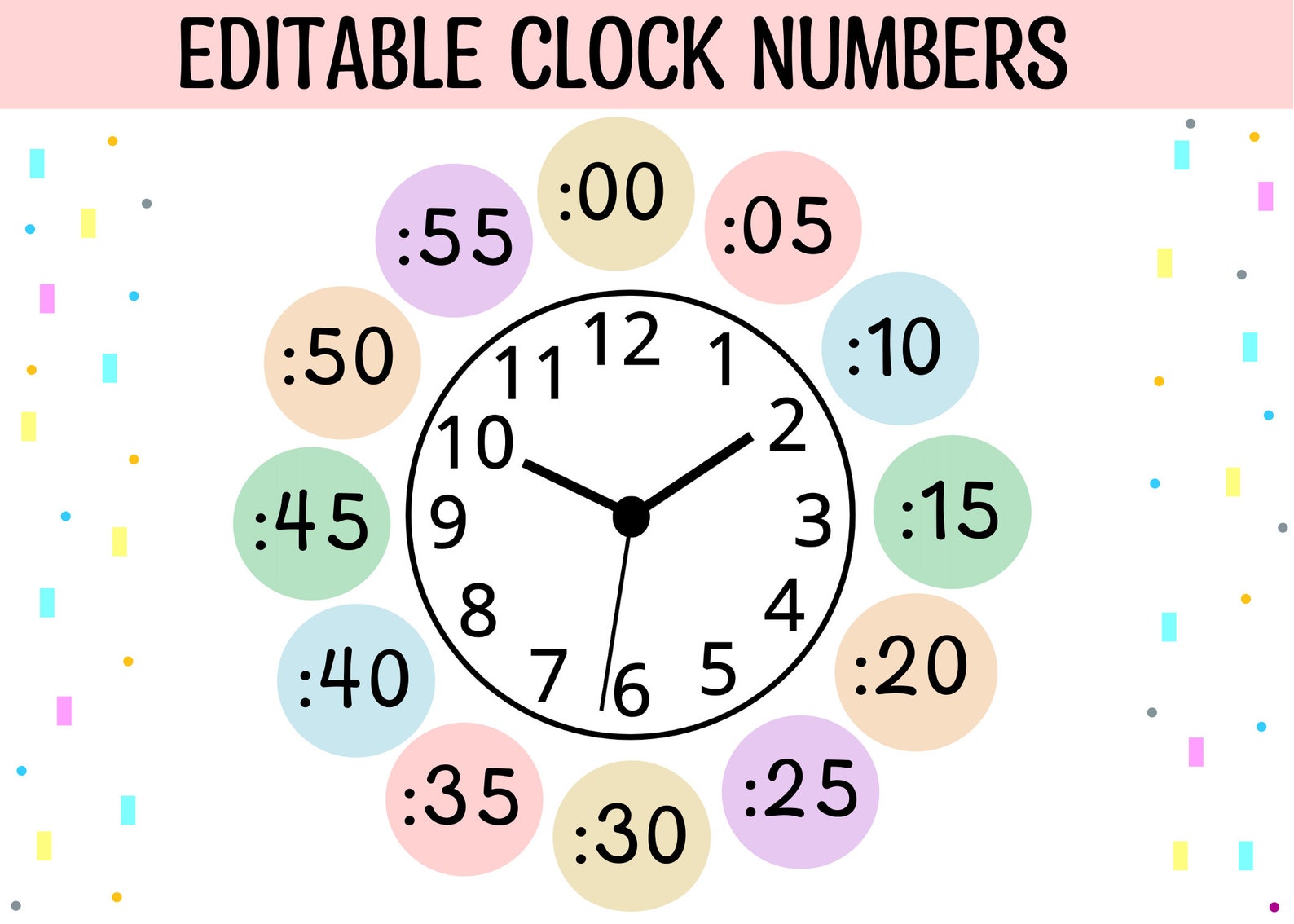 Clock Numbers, Printable Wall Clock Number Display, Pastel Timecards