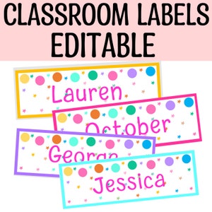 Afdrukbare naamlabels met heldere stippen, naamlabels met sterren, bewerkbare klaslabels, naamlabels voor kinderen, kleurrijke Cubbies-labels, trolleylabels
