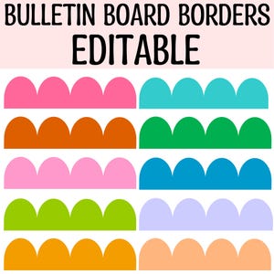 Może przedstawiać: Kolorowe, karbowane obramowania tablic ogłoszeń w różnych kolorach, w tym różowym, pomarańczowym, zielonym i niebieskim. Tekst "BULLETIN BOARD BORDERS EDITABLE" jest wyświetlany u góry obrazu.